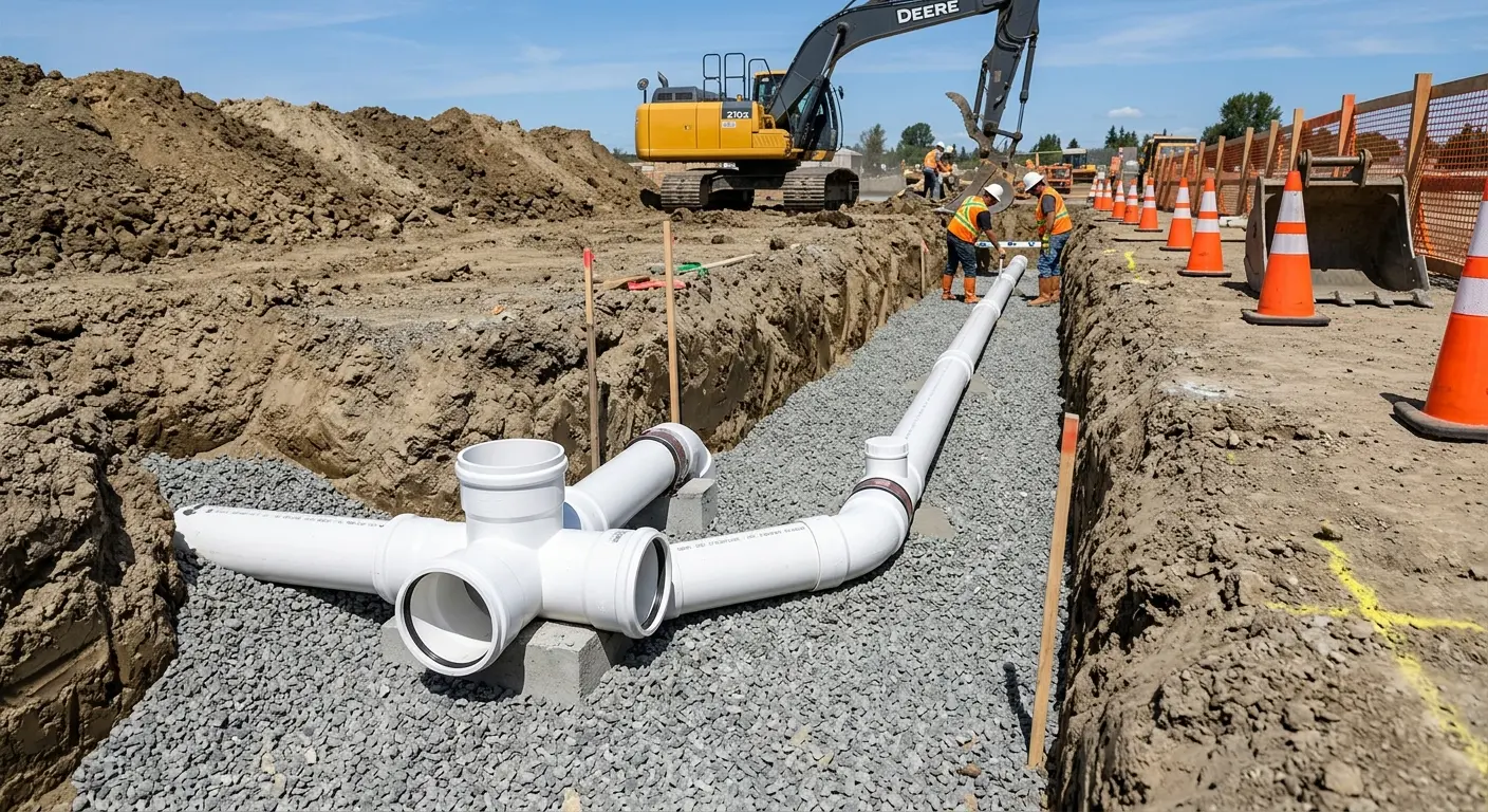 New PVC sewer pipe installation in open trench for Grease Trap Cleaning in Clovis