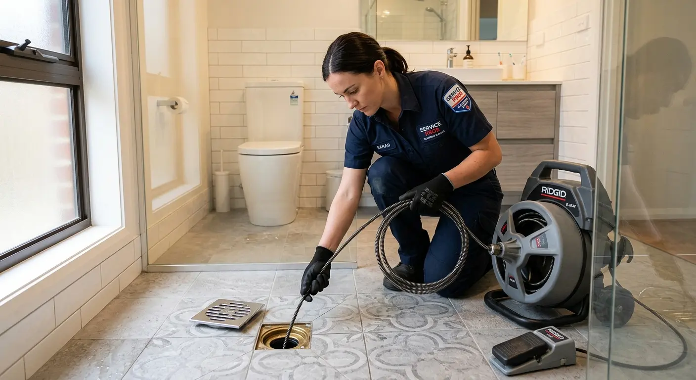 Technician clearing a bathroom floor drain for Sewer Line Replacement in Clovis
